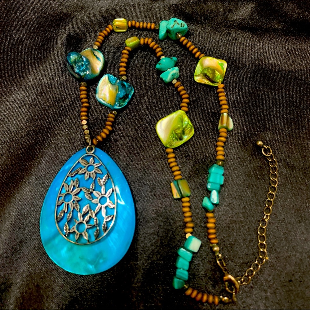Blue Green Brown Glass Turquoise Beaded Large floral Pendant EarthToned Necklace